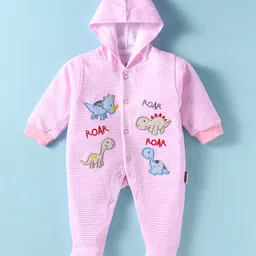 Child World Interlock Knit Full Sleeves Hooded Striped Dino Embroidered Footed Sleep Suit - Pink-picture-15
