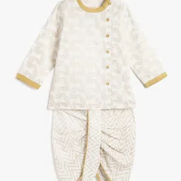 Campana 100% Cotton Full Sleeves Leaves Printed Kurta With Dhoti Set - Off White & Gold-picture-20