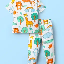 Babyhug Cotton Knit Half Sleeves Co-ord Night Suit With Animal Print - White-picture-15
