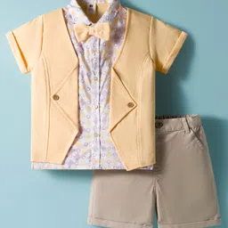 ToffyHouse Poplin Woven Half Sleeves Printed Shirt & Short Set with Bow - Tan-picture-25