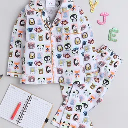 Knitting Doodles Rayon Woven Full Sleeves Baby Animals Printed Coordinating Night Suit Set - White-picture-12