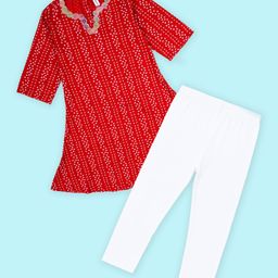 Kiddopanti Rayon Woven Three Fourth Sleeves Bandhani Printed Floral Lace Embellished Kurti & Legging Set - Red & White-picture-18