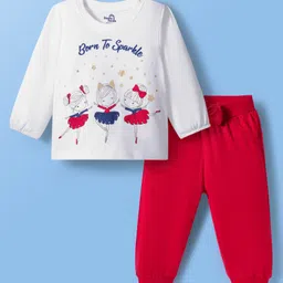 Doodle Poodle 100% Cotton Knit Full Sleeves Top & Lounge Pant Set with Bow Applique & Glitter Print - Red & White-picture-18