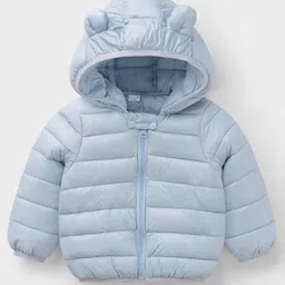 Mark & Mia Full Sleeves Winter Wear Solid Hooded Jacket & Pant Set With Ear Applique - Light Blue image 3
