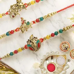 MEIRA JEWELLERY Set Of 3 Stone-Studded & Beaded Rakhi With Greeting Card Gift Set-picture-20