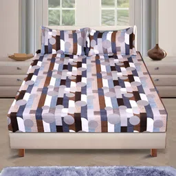 ROMEE White & Blue Geometric Printed 186 TC King Bedsheet with 2 Pillow Covers image 2