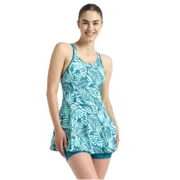 Speedo Women's Endurance10 Racerback Printed Swimdress With Boyleg - Peacock & Marine Blue-picture-10