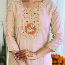 SHOPLANCE Women Ethnic Motifs Embroidered Regular Thread Work Kurta with Trousers & With Dupatta image 2