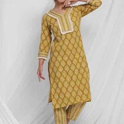 Anouk Women Floral Printed Regular Kantha Work Pure Cotton Kurta with Trousers-picture-12