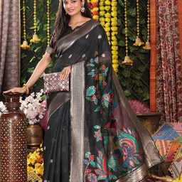 Astita Floral Printed Zari Linen Cotton Saree With Unstitched Blouse Piece image 2