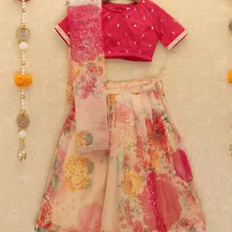 Piccolo Half Sleeves Choli With Flared Flower Print Lehenga & Dupatta - Pink-picture-10