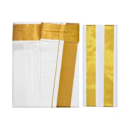 TUNI MANI Men Cotton Pocket Zari Ready-To-Wear Velcro Dhoti with Angavastram image 3