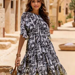 CORSICA Floral Print Flared Sleeve Georgette Fit & Flare Mini Dress image 3