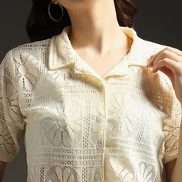 emeros Textured Self Design Lace Lapel Collar Net Shirt Style Crop Top image 4