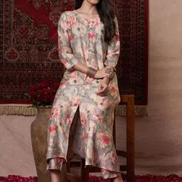 KALINI Floral Printed Round Neck A-Line Kurta With Trousers image 4