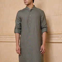 Tasva Men Band Collar Roll-Up Sleeves Linen Kurta with Trousers image 3