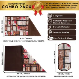 E-Retailer 4Pc Brown Patterned Waterproof Refrigerator & Handle Cover With Oven Cover image 2