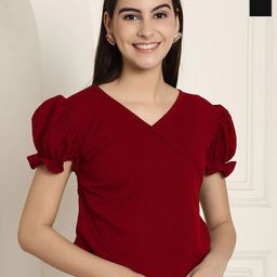 Tromko Women Solid Color V Neck Puff Sleeve Top-picture-46