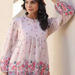 Janasya Women Peach Georgette Floral Printed Flared Top-image-8