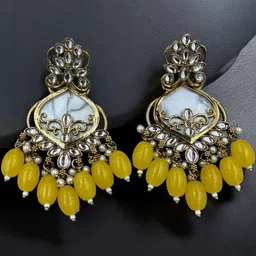 JUHI COLLECTION Women Gold Plated Artificial Beads And Kundan Drop Earrings image 2