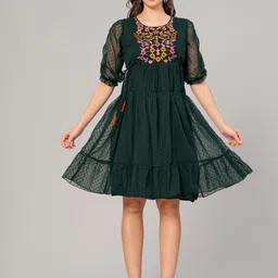 OH MI DIOS Women Self design Fit & Flare Puff Sleeves Dress With Emboidered-picture-13