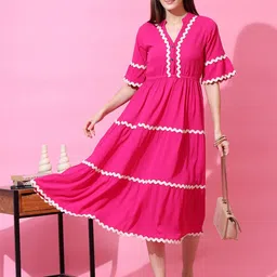 De La Moda Women V-Neck Flared Sleeve Fit And Flare Midi Dress-image-0