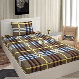 METRO LIVING Brown & White Checked Microfiber 160 TC Single Bedsheet Set 2.17 m x 1.45 m image 4