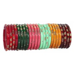 ZULKA Set of 24 Colorful Glass Golden Zircon Stone & Beads Bangles Kada-image-6