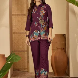 Sangria Embroidered Shirt Style Top with Straight Fit Trouser Co-Ords-picture-11