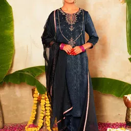 Sangria Blue Floral Embroidered Velvet Keyhole Neck Straight Kurta With Trousers & Dupatta-image-39