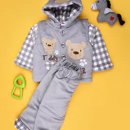 V-Mart Infant Boys Self Design Hooded Velvet Sweatshirt With Trouser-image-1