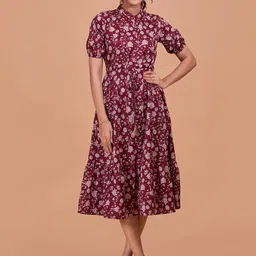 Fashfun Ethnic Motifs Print Puff Sleeve Fit & Flare Midi Dress-image-99