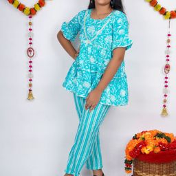 Vastrarth Girls Floral Printed Regular Pure Cotton Kurti with Trousers-picture-37