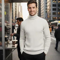 Men Solid High Neck White Sweater-image-9