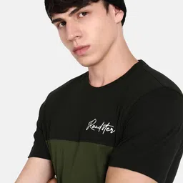 The Roadster Life Co. Olive Green & Black Patched & Panelled Pure Cotton T-shirt-picture-23