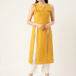 An Episode Women Mustard Yellow Solid High-Slit Longline Tunic-image-8