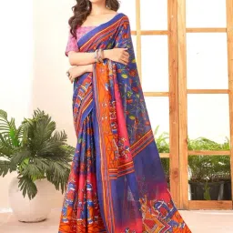 Satrani Blue & Orange Pure Cotton Printed Saree With Unstitched Blouse-image-42
