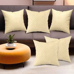 RUBOXA Cream-Coloured Set of 5 Geometric Velvet Square Cushion Covers-picture-20