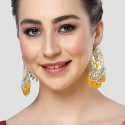 Karatcart Yellow Meena Floral Design Gold Plated Pearl and Tumble Studded Kundan Kaanchain Earrings image 3