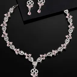 Karatcart Silver-Plated Pink Cubic Zirconia Studded Necklace Set image 3