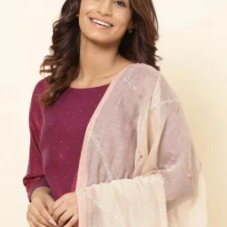 Fabindia Beige Cotton Silk Embroidered Dupatta image 3