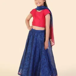 Fabindia Kids Royel Blue & Red Printed Lehenga Set image 3