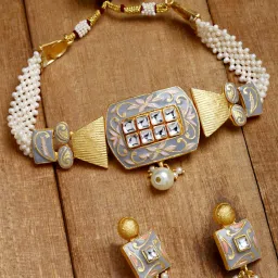 Karatcart Grey Meena Pearl Beaded Choker Necklace Set image 3