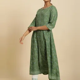 W Green Printed Fit & Flare Kurta image 3
