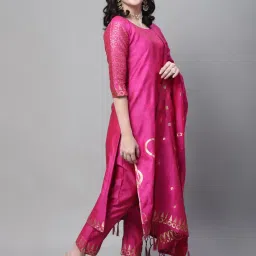VredeVogel Pink Woven Pattern Kurta Pant Set With Dupatta image 3