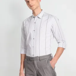 Arrow New York Grey Cotton Slim Fit Striped Shirt image 3