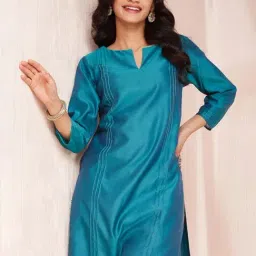 Fabindia Teal Cotton Silk Calf Length Long Kurta image 2