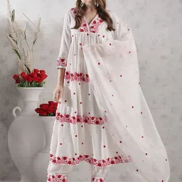 GoSriKi Floral Embroidered Thread Work Anarkali Kurta with Harem Pants & Dupatta image 1