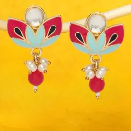 OOMPH Rani Pink Meenakari Green Red Yellow Pink Floral Design Drop Earrings-image-50