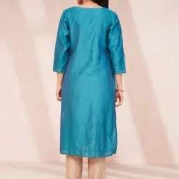 Fabindia Teal Cotton Silk Calf Length Long Kurta image 5